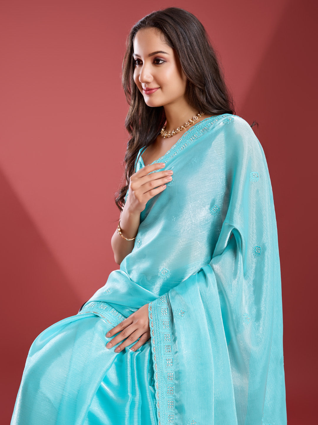 Embroidered Chinon Saree