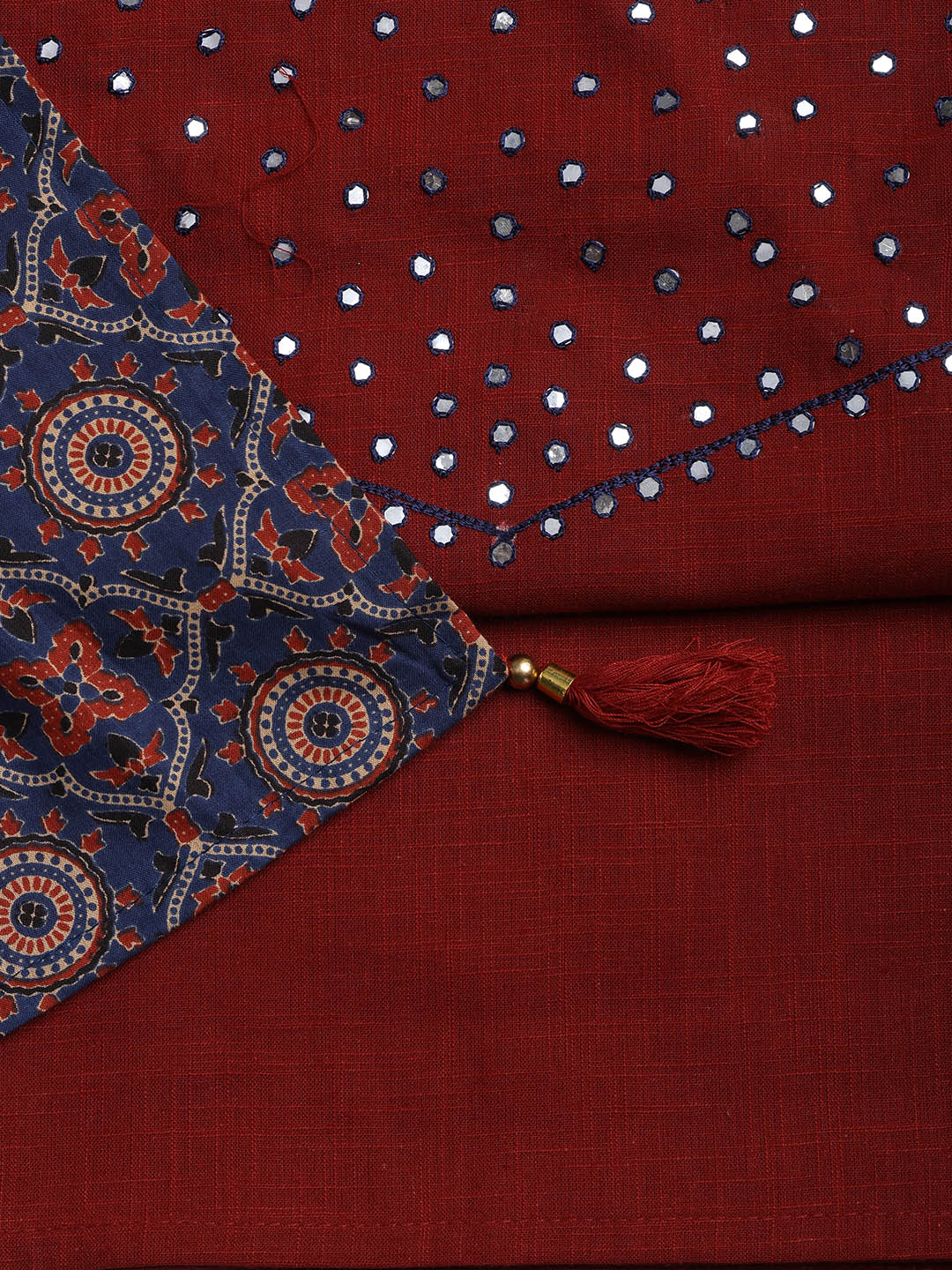 Neck Mirror Work Cotton Blend Unstitched Suit With Dupatta
