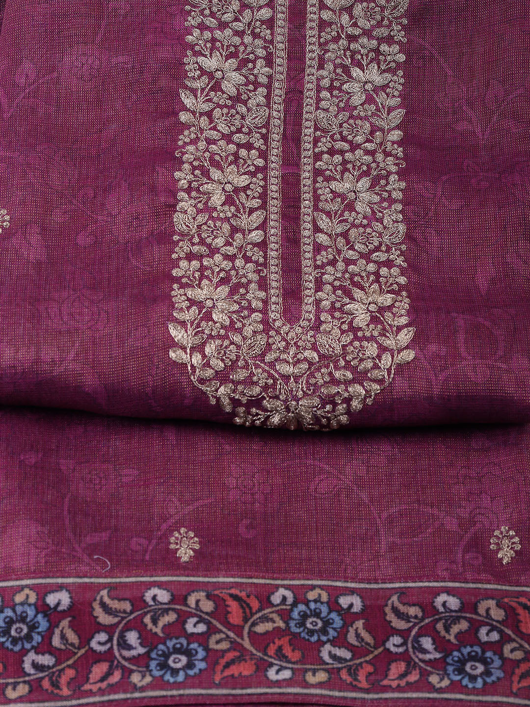 Neck Embroidered Chanderi Unstitched Suit With Dupatta