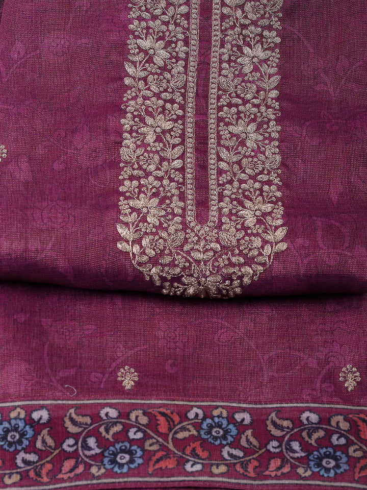 Neck Embroidered Chanderi Unstitched Suit With Dupatta