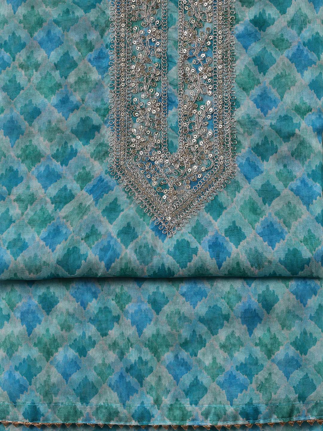 Neck Zari Embroidery Organza Unstitched Suit Piece With Dupatta