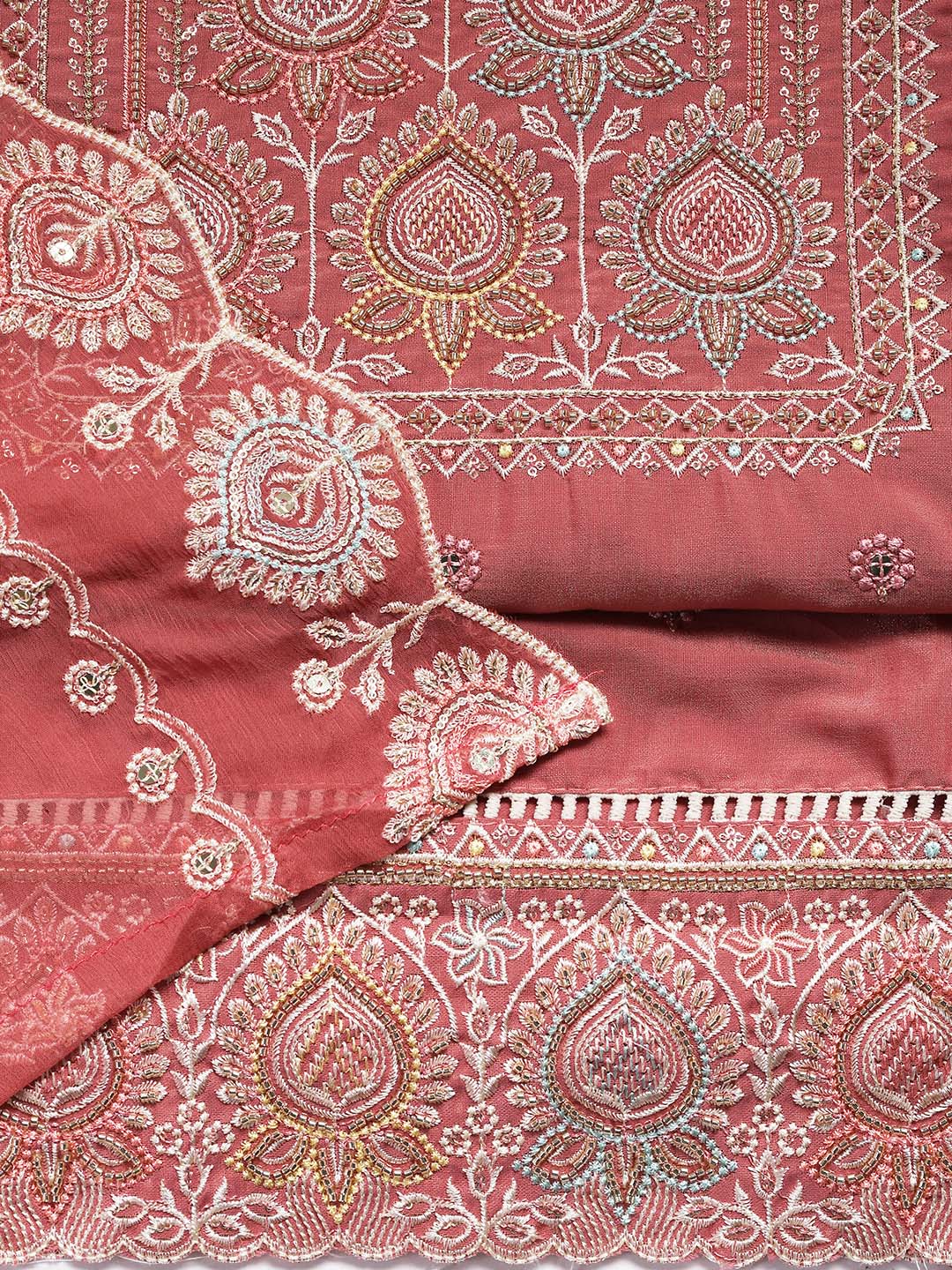 Embroidered Chanderi Unstitched Suit Piece With Dupatta