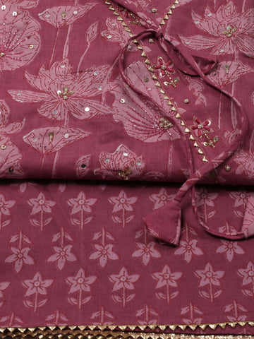 Floral Printed Cotton Unstit ched Suit Piece With Dupatta