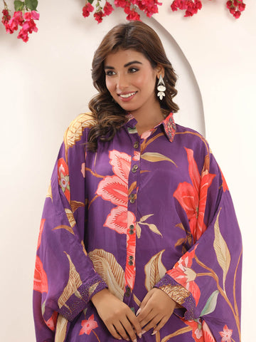 Floral Printed Muslin Kaftan Kurti With Pants