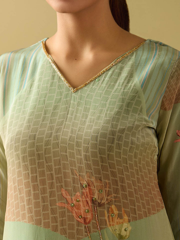 Neck Embroidery Crepe Kurta With Pants &amp; Dupatta