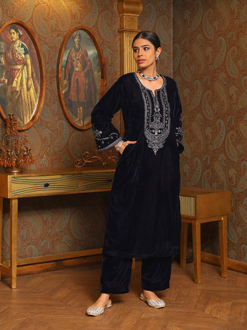 Zari Neck Embroidered Velvet Kurta With Pants