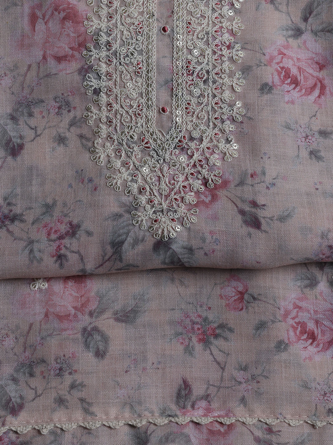 Floral Printed Linen Unstitched Suit With Dupatta