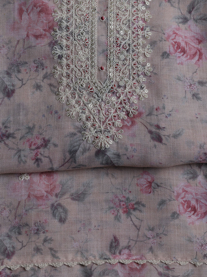 Floral Printed Linen Unstitched Suit With Dupatta