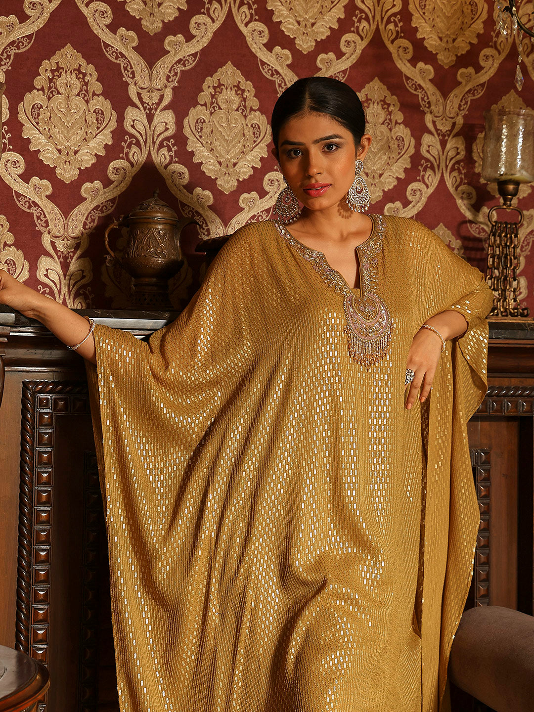 Sequin Embroidered Georgette Kaftan Kurta With Pants