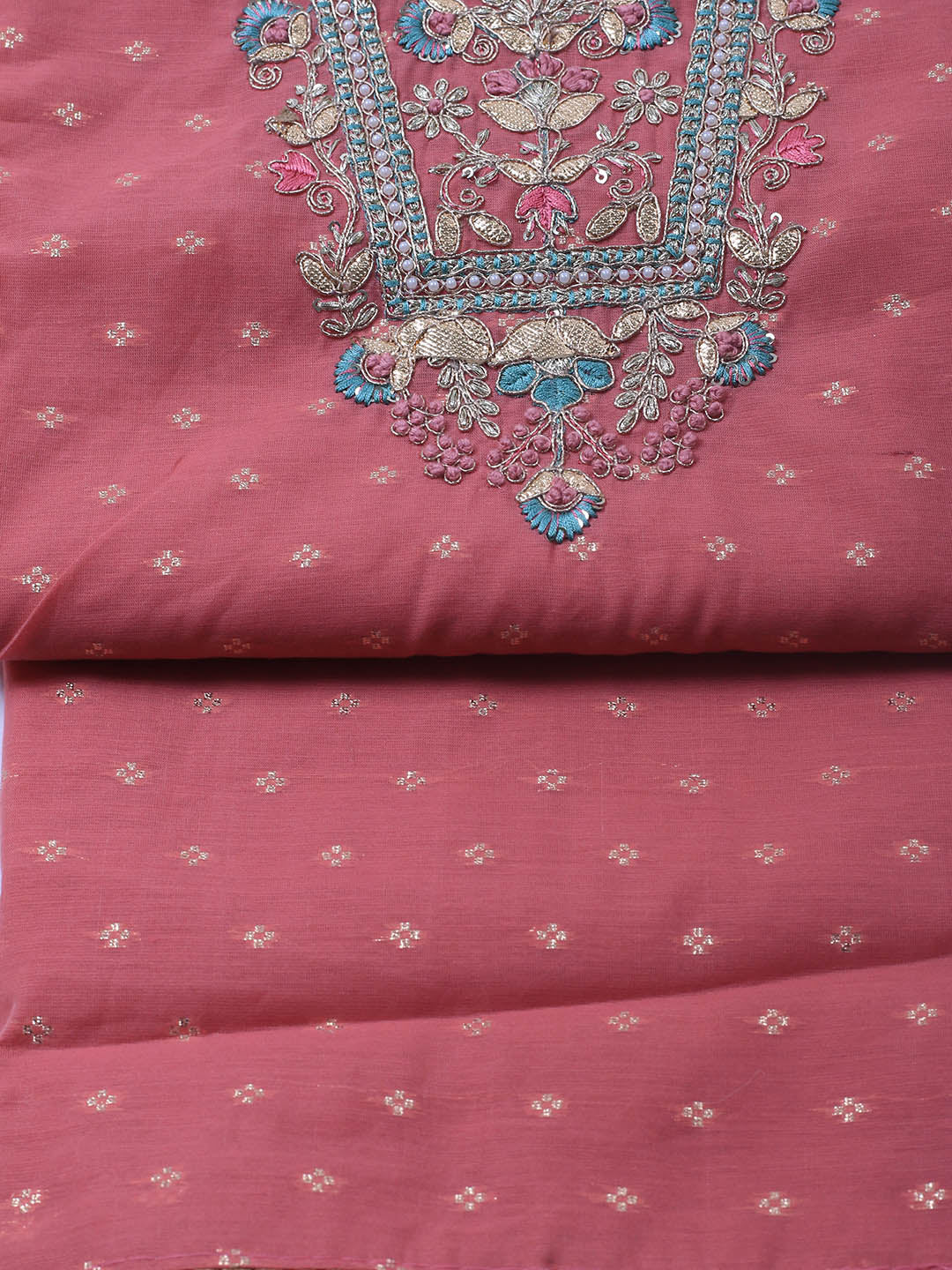 Neck Embroidery Chanderi Unstitched Suit With Dupatta