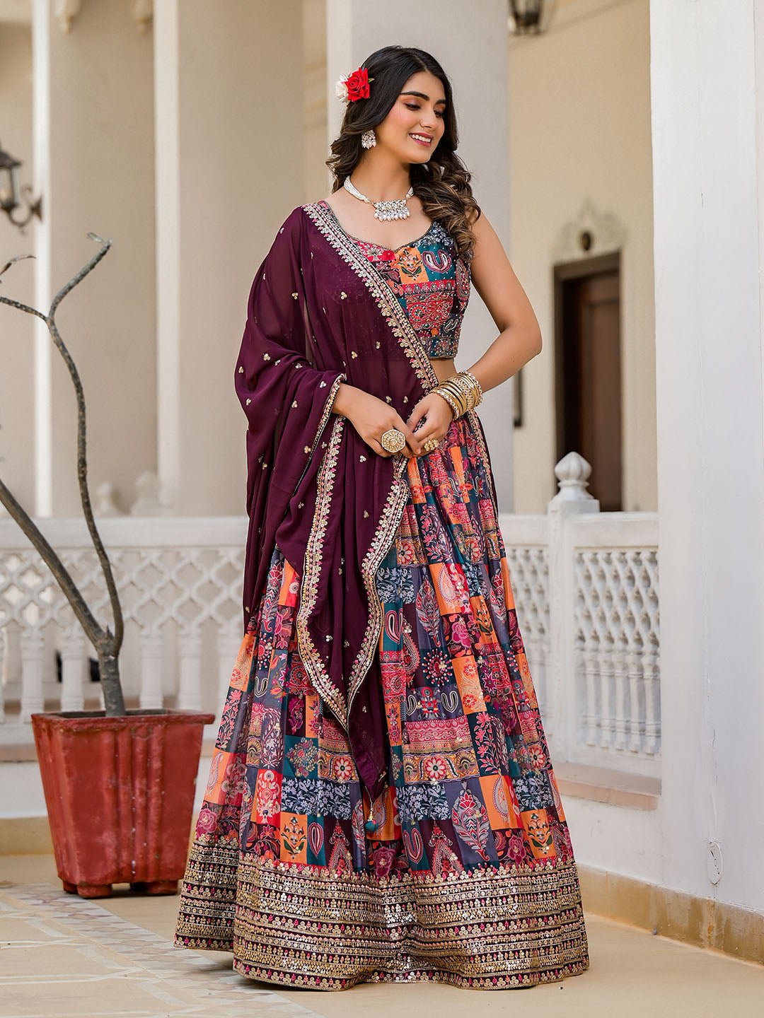 Printed Organza Choli With Lehenga & Dupatta