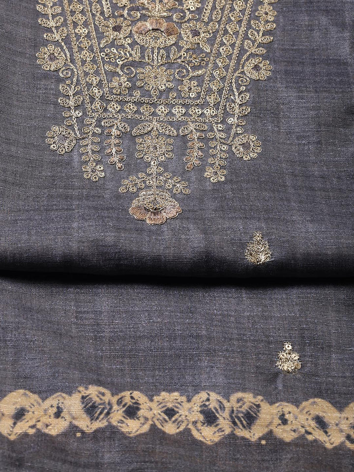 Neck Embroidered Tussar Unstitched Suit Piece With Dupatta
