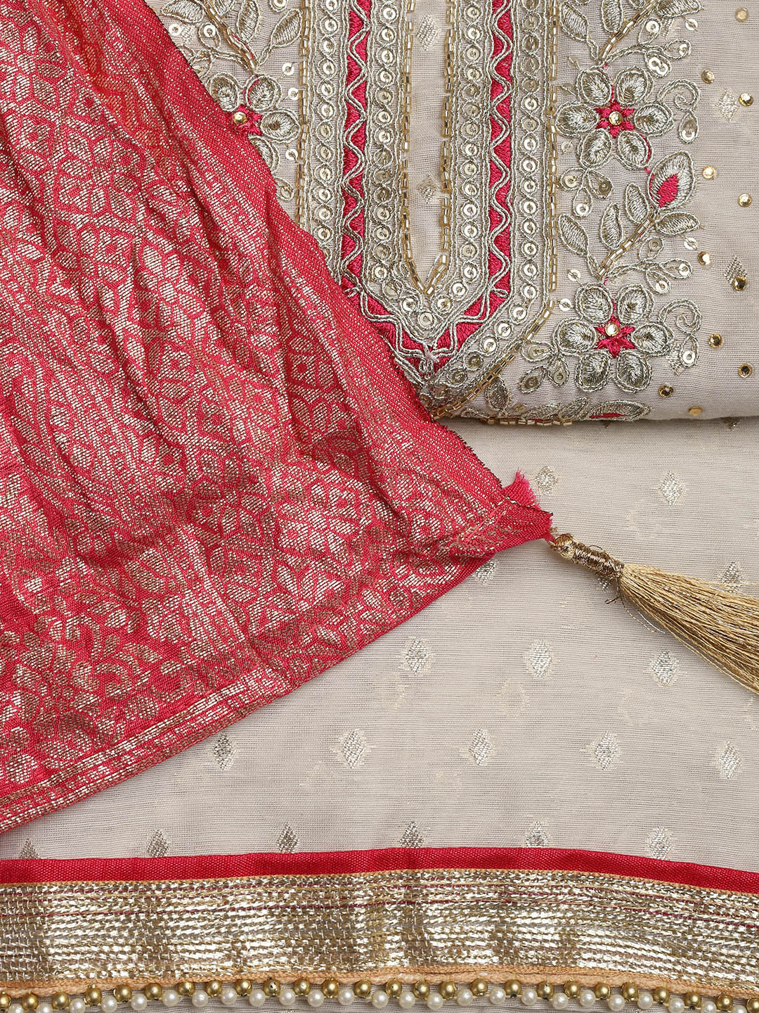 Neck Embroidery Chanderi Unstitched Suit With Dupatta
