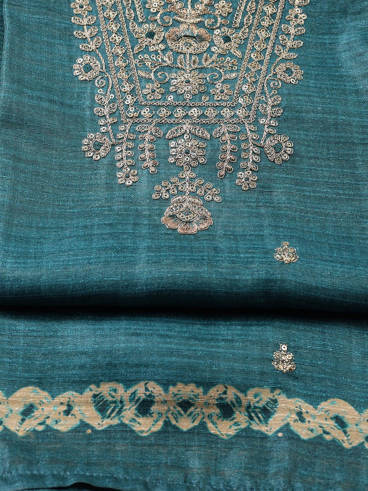 Neck Embroidered Tussar Unstitched Suit Piece With Dupatta