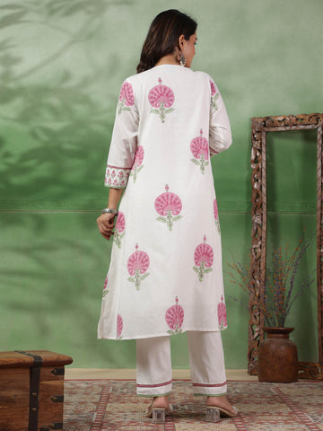 Digital Floral Printed Cotton Kurta With Pants & Dupatta