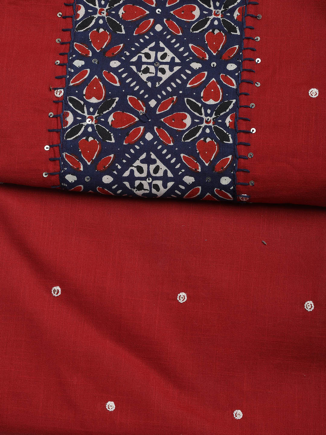 Neck Mirror Work Cotton Blend Unstitched Suit With Dupatta