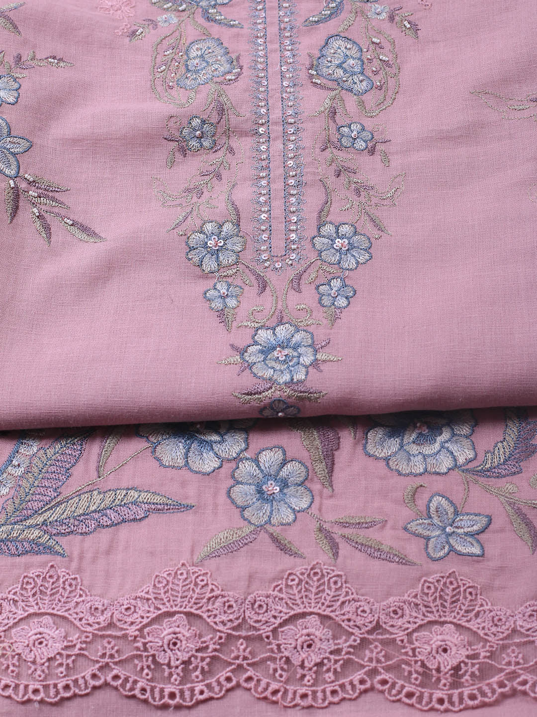 Embroidery Linen Unstitched Suit With Dupatta