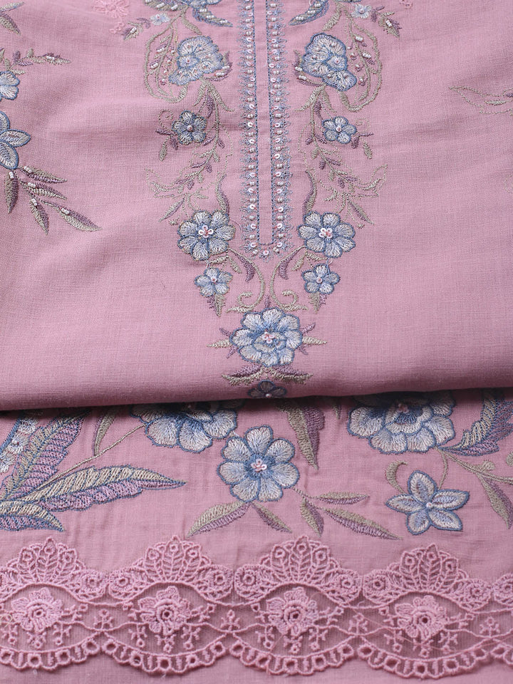 Embroidery Linen Unstitched Suit With Dupatta