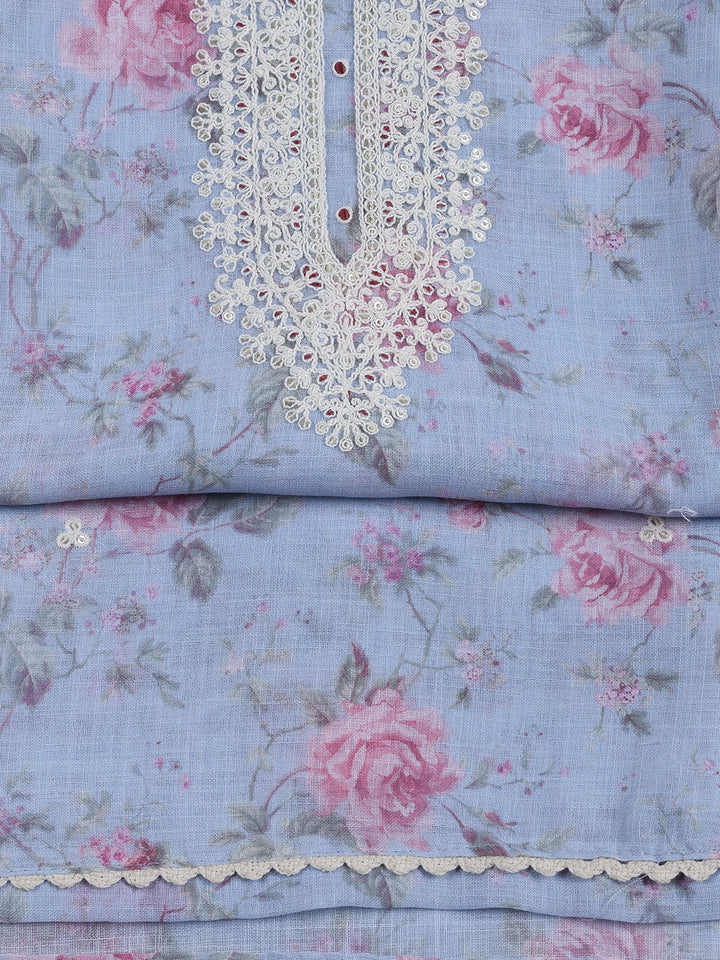 Floral Printed Linen Unstitched Suit With Dupatta