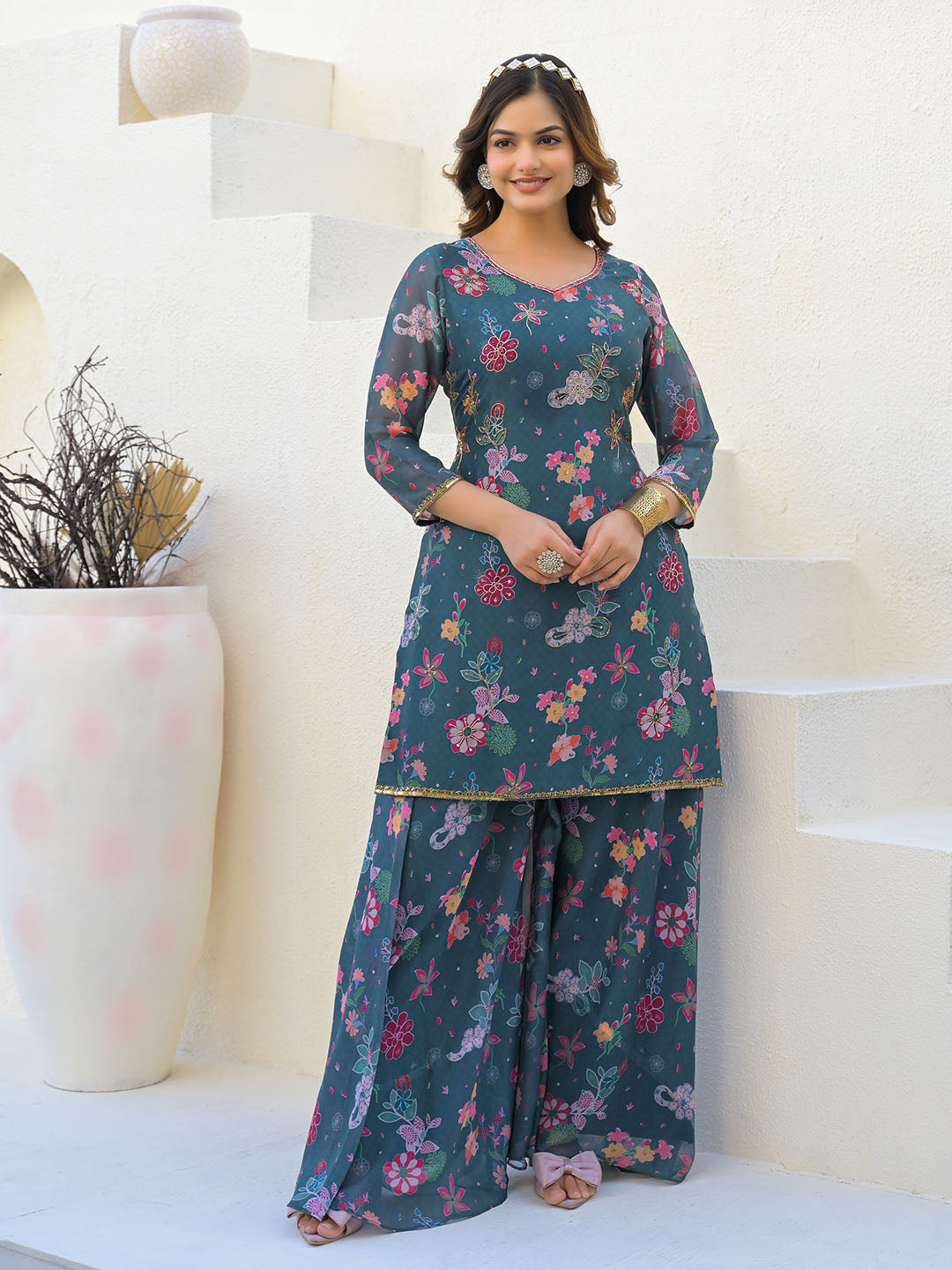 Neck Embroidered Georgette Kurta With Sharara And Dupatta