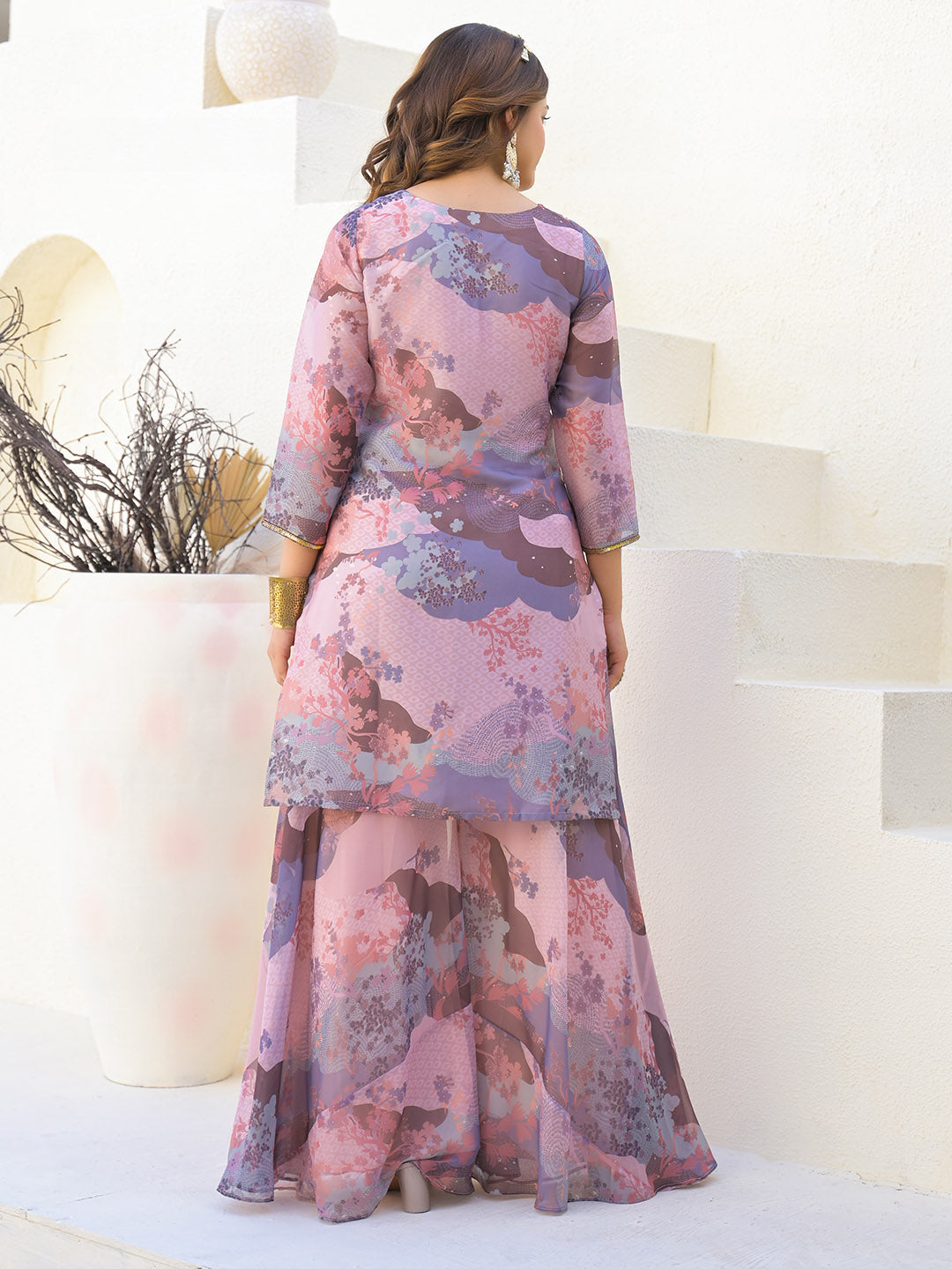 Neck Embroidery Georgette Kurta With Sharara And Dupatta