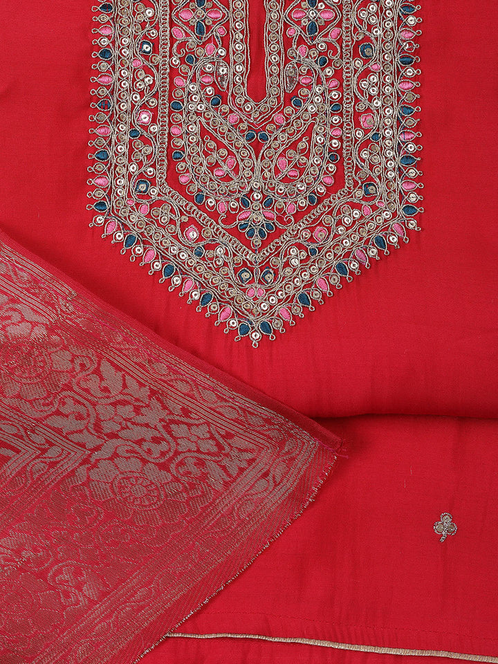 Neck Embroidered Chanderi Unstitched Suit With Dupatta