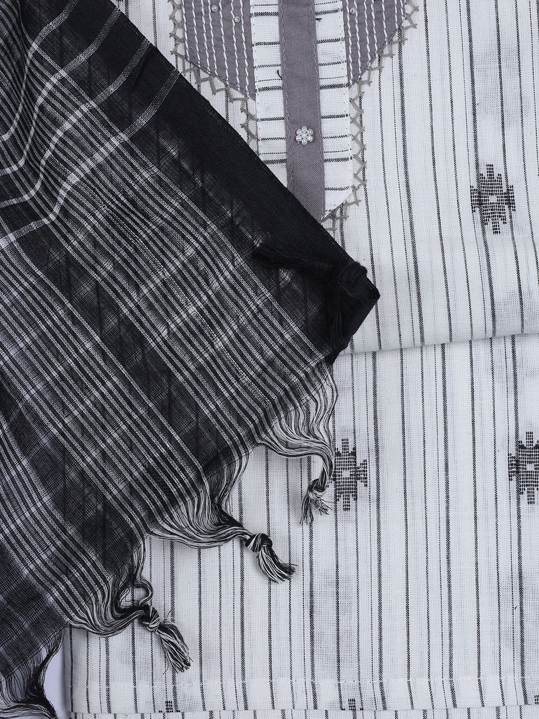 Thread Embroidery Cotton Blend Unstitched Suit With Dupatta
