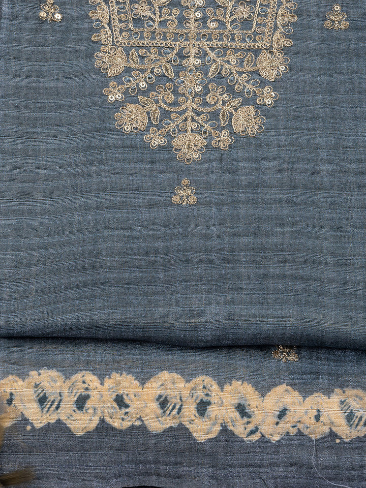 Neck Embroidered Tussar Unstitched Suit Piece With Dupatta