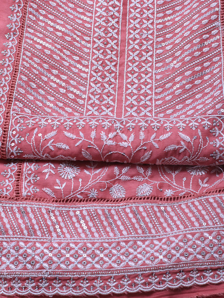 Embroidered Art Silk Unstitched Suit Piece With Dupatta