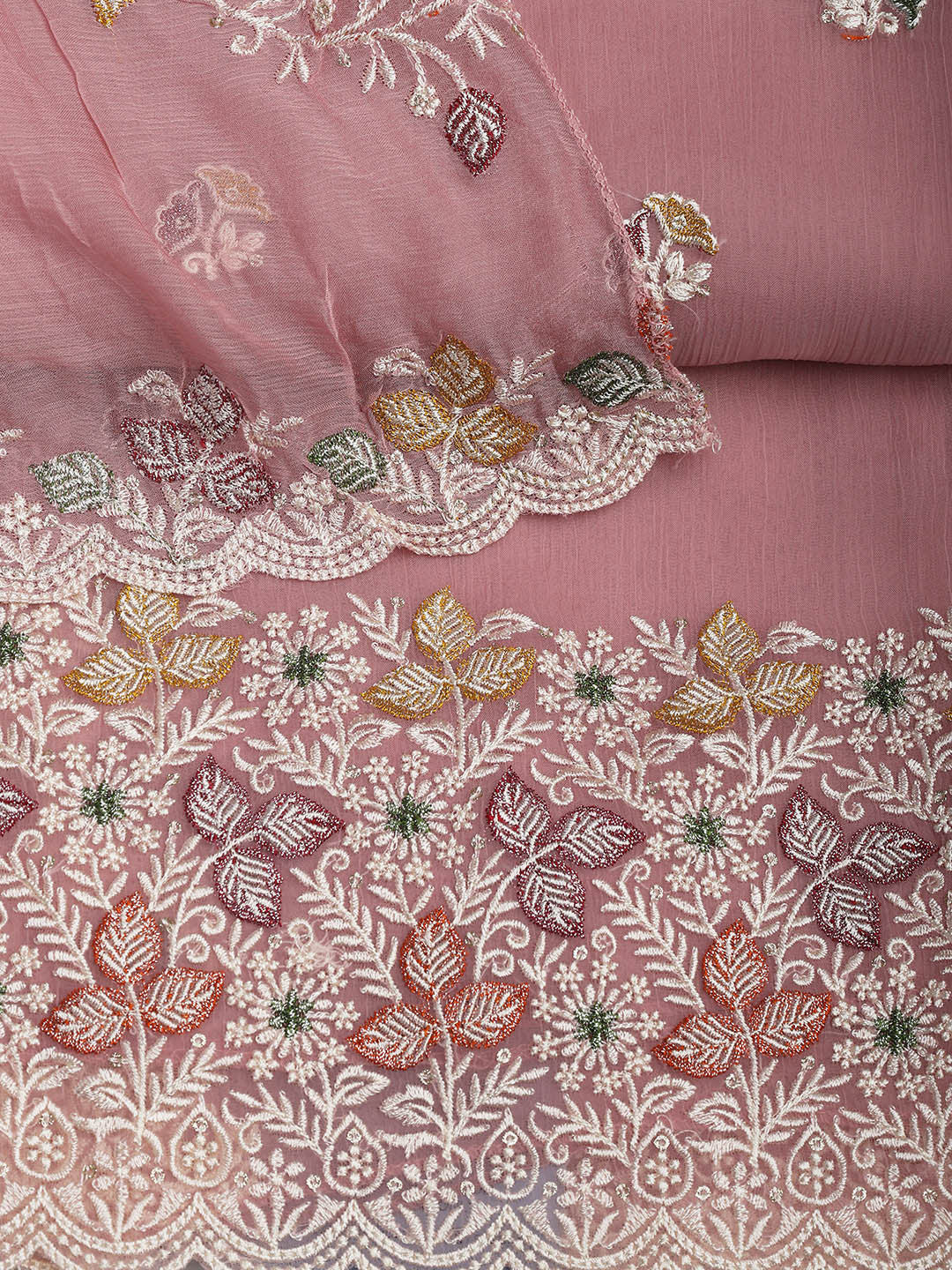 Embroidered Chinnon Unstitched Suit Piece With Dupatta