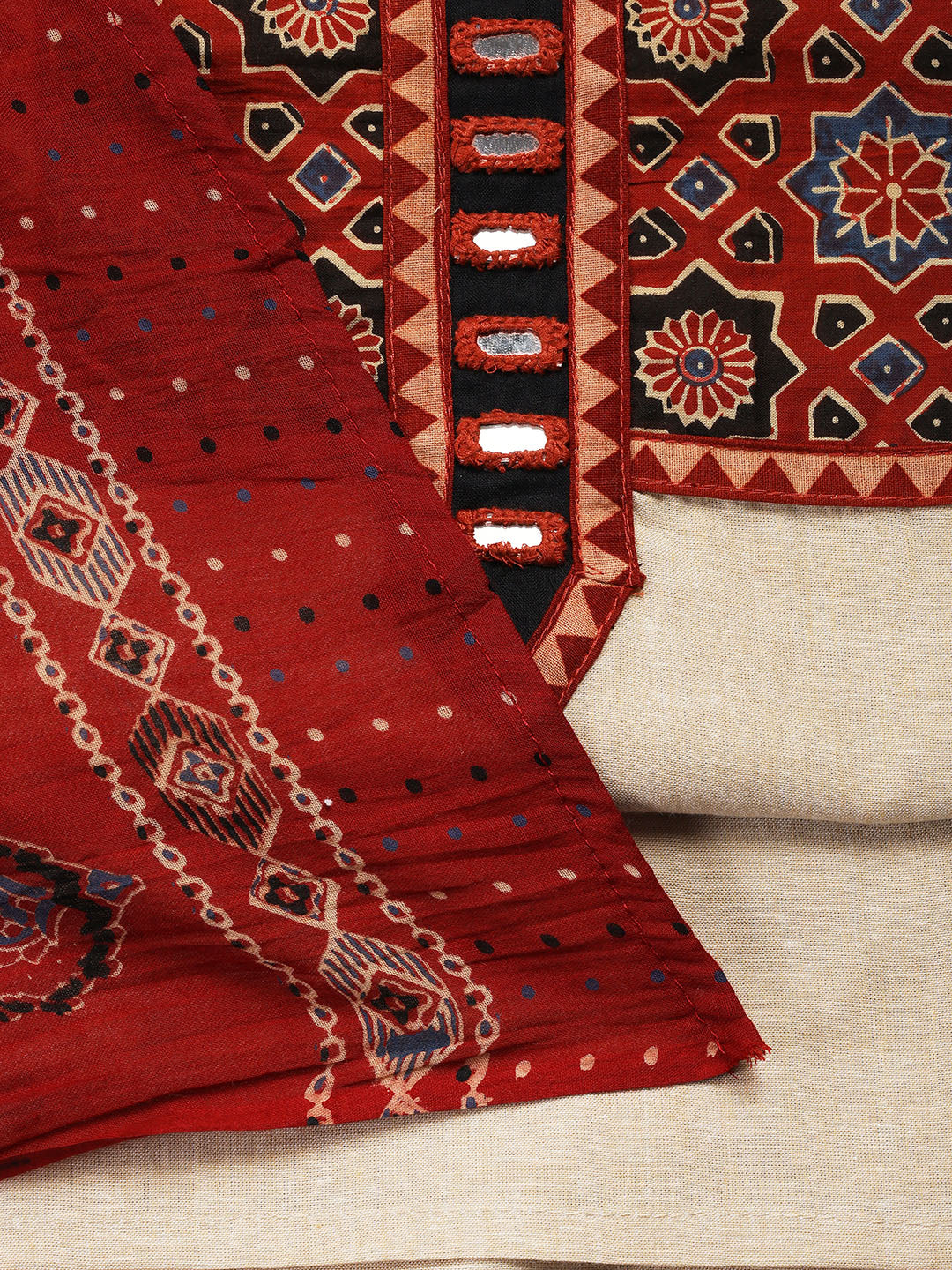 Patch Neck Cotton Blend Unstitched Suit With Dupatta