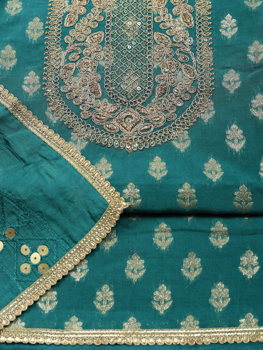 Embroidered Chanderi Unstitched Suit With Pant &amp; Dupatta