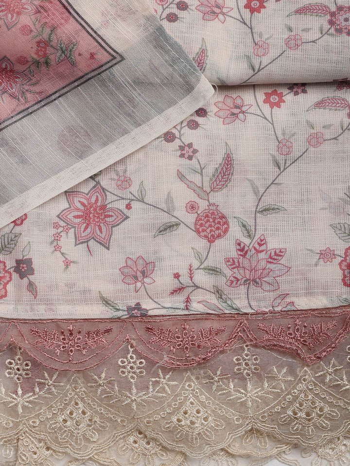 Patch Neck Linen Unstitched Suit Piece With Dupatta