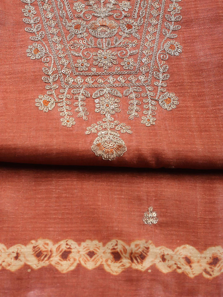 Neck Embroidered Tussar Unstitched Suit Piece With Dupatta
