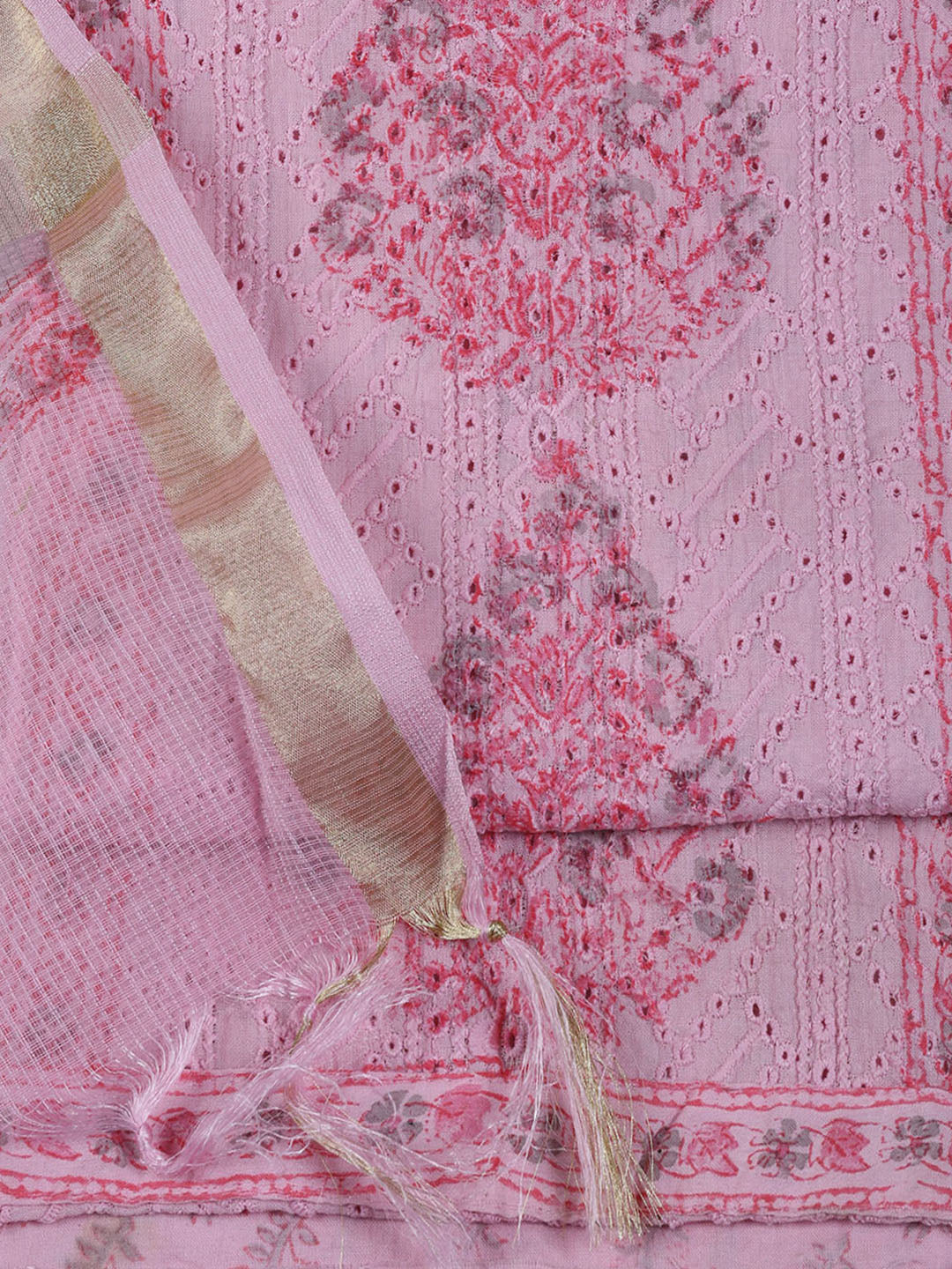 Neck Work Cotton Blend Unstitched Suit With Dupatta