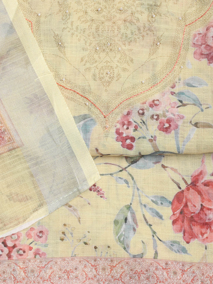 Floral Printed Linen Unstitched Suit Piece With Dupatta