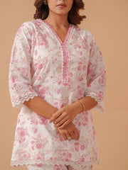 Printed & Lace Work Cotton Blend Shirt With Pant