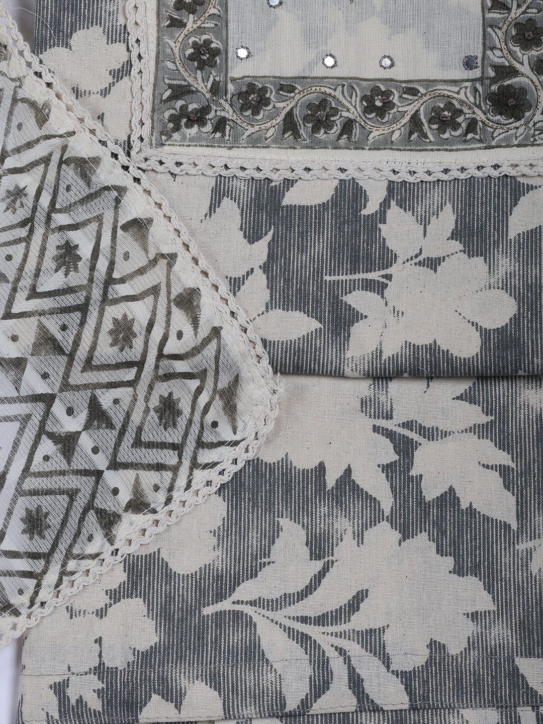 Neck Work Cotton Blend Unstitched Suit With Dupatta