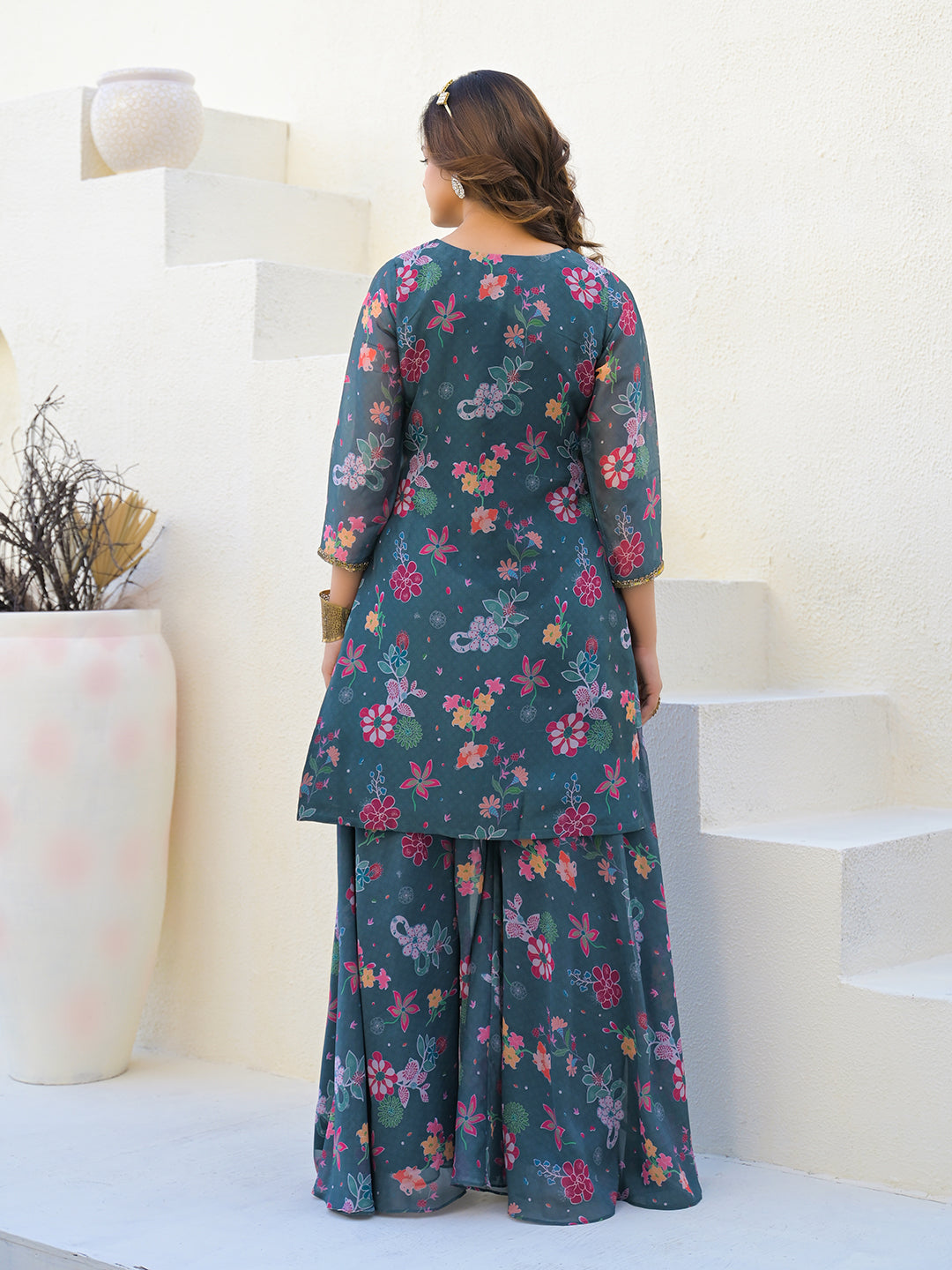 Neck Embroidered Georgette Kurta With Sharara And Dupatta