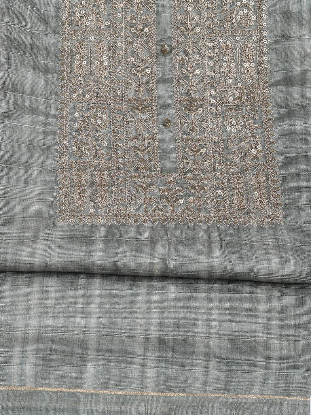 Neck Embroidery Art Tussar Unstitched Suit With Dupatta