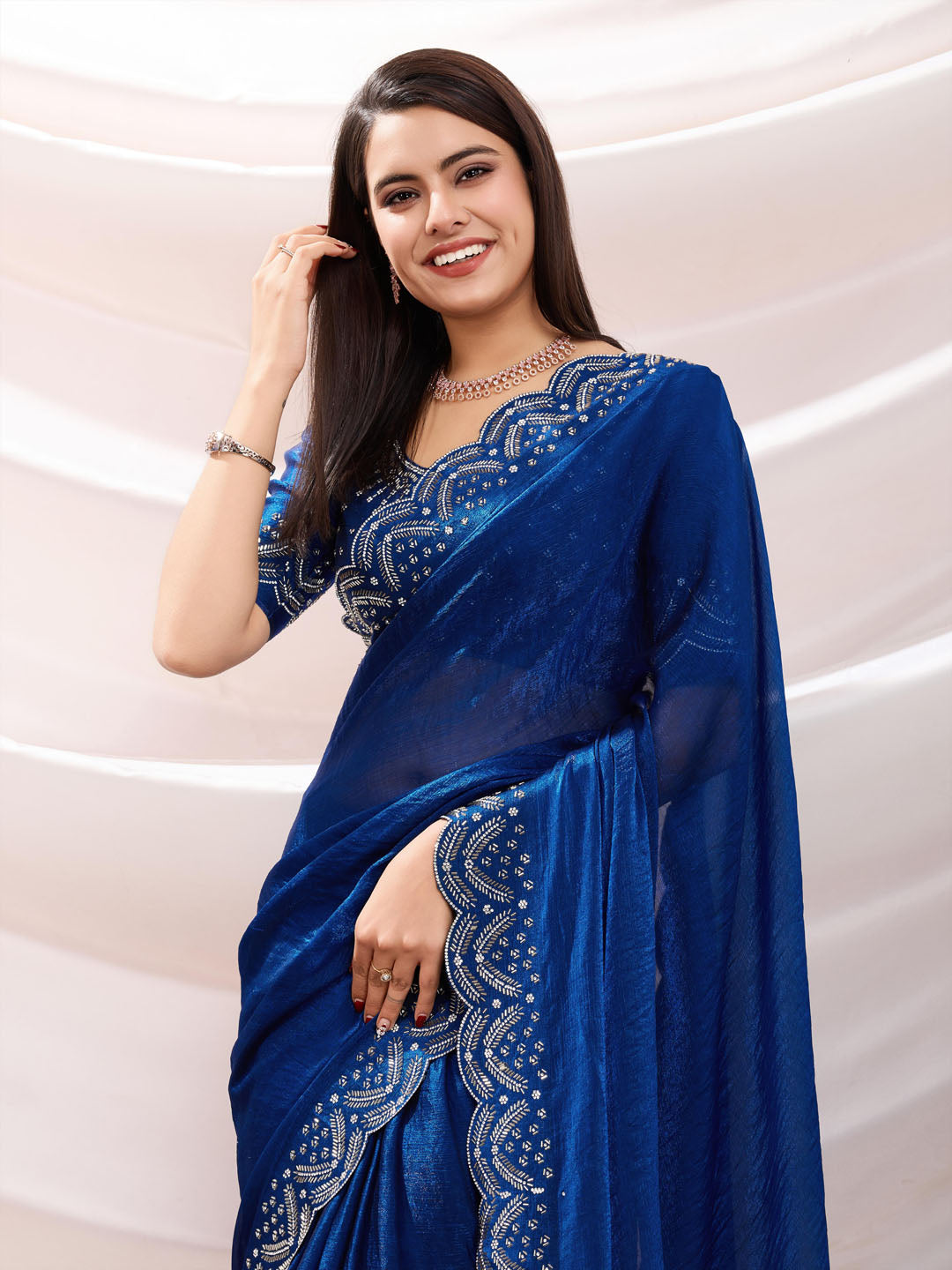 Embroidered Satin Velvet Saree
