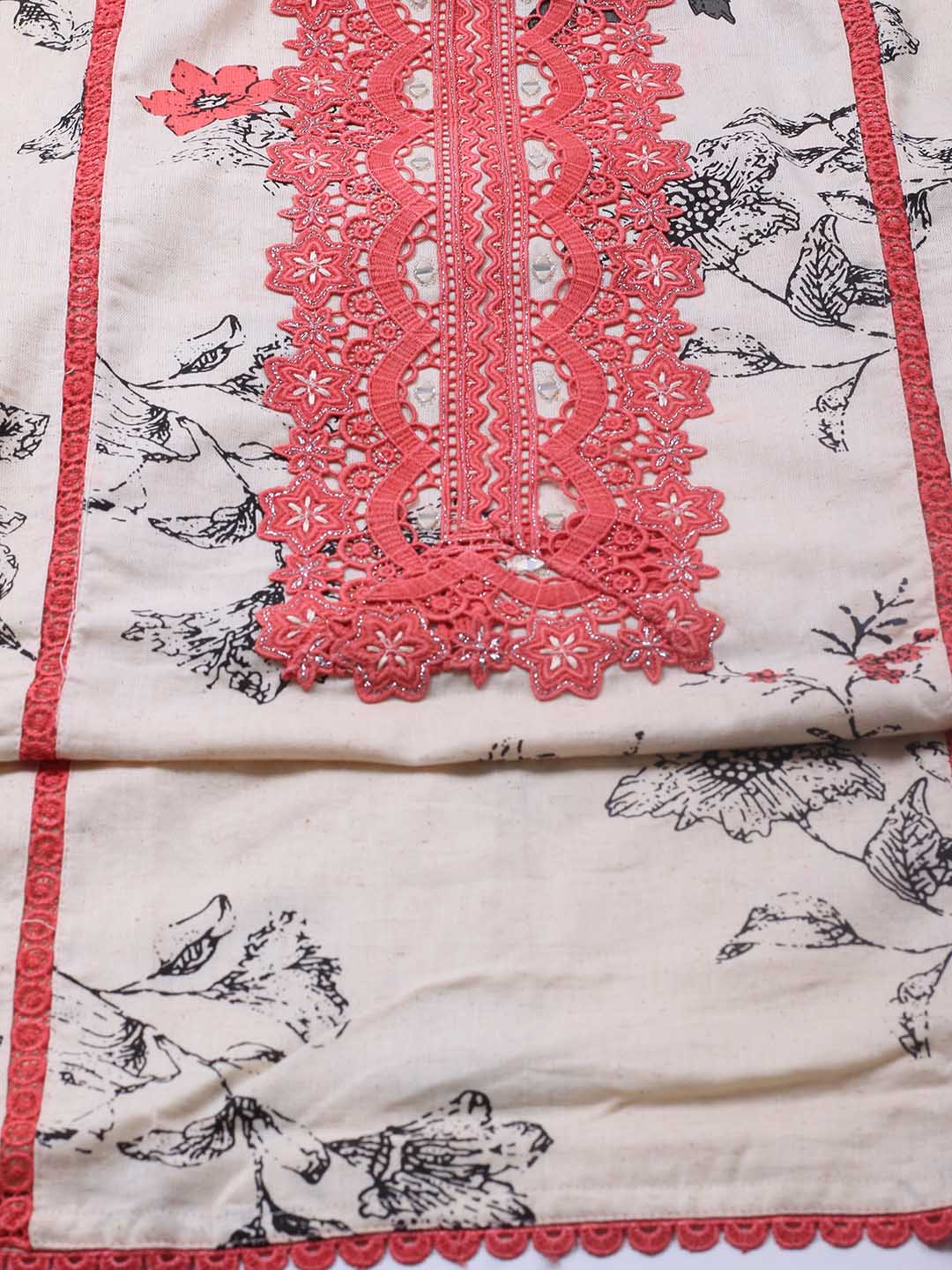Patch Neck Cotton Blend Unstitched Suit Piece With Dupatta