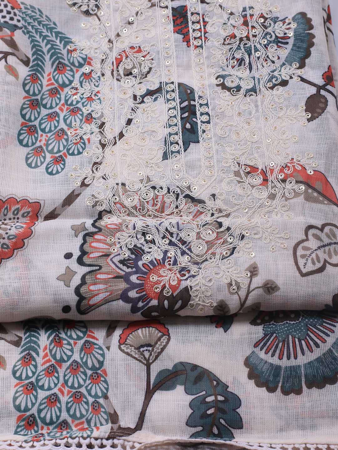 Patch Neck Linen Unstitched Suit Piece With Dupatta
