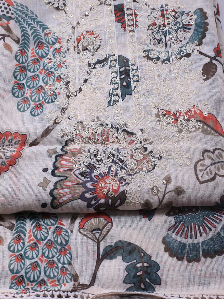Patch Neck Linen Unstitched Suit Piece With Dupatta