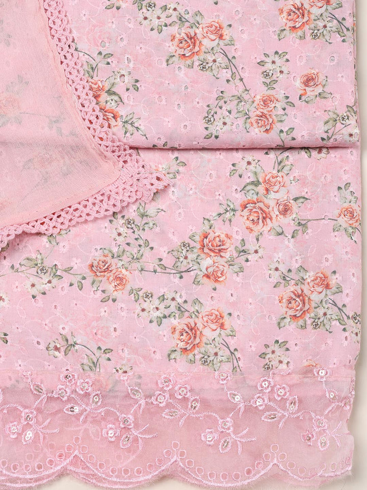 Schiffli Printed Cotton Blend Unstitched Suit Piece With Dupatta