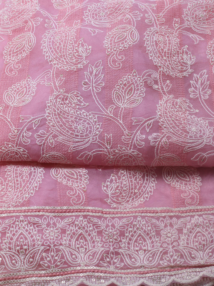 Thread Embroidery Organza Unstitched Suit Piece With Dupatta