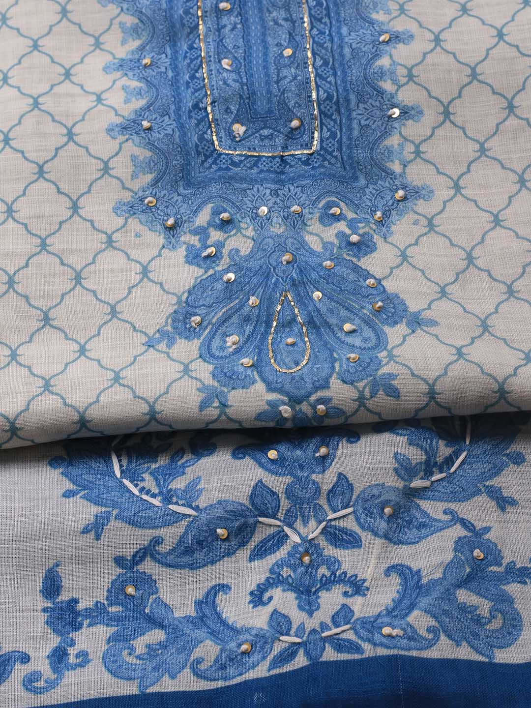Embroidered Linen Unstitched Suit Piece With Dupatta