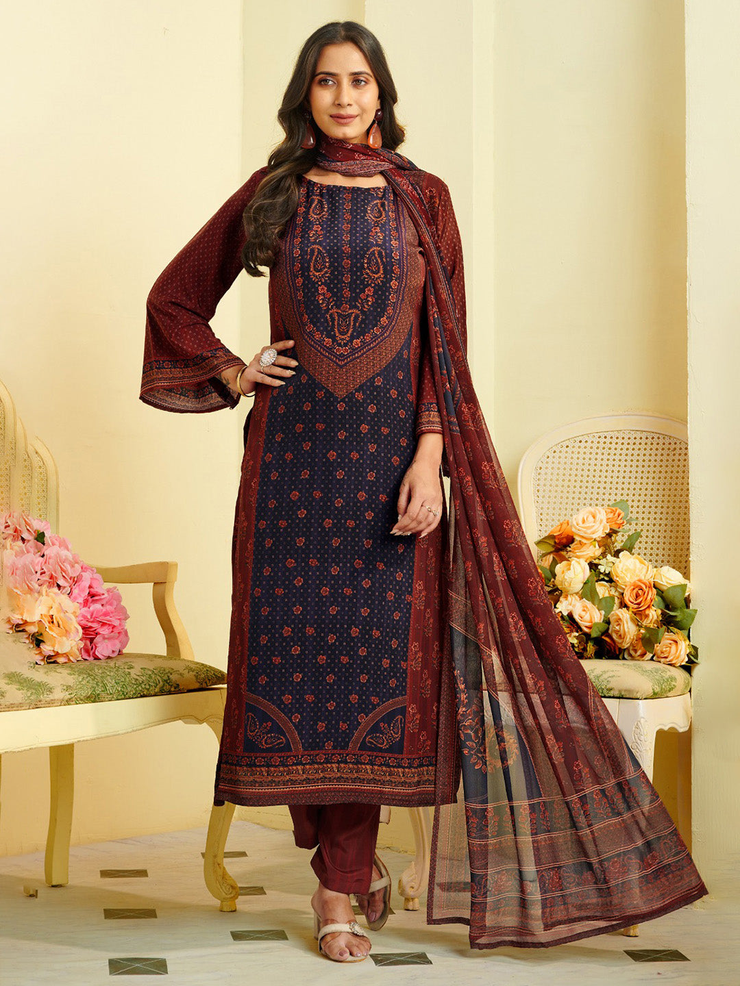 Printed Crepe Unstitched Suit With Pant &amp; Dupatta