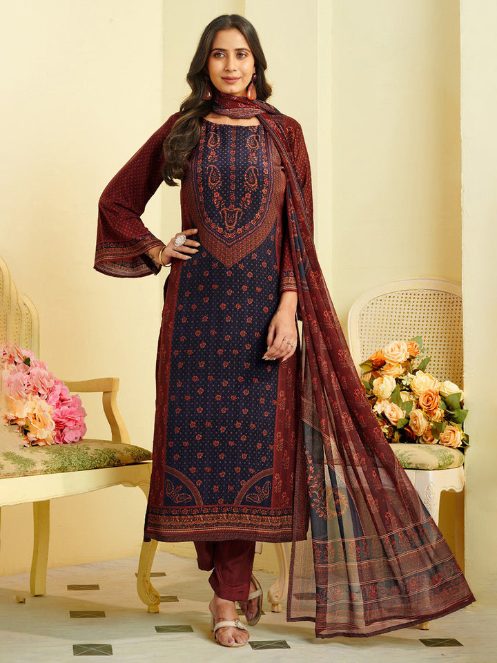 Printed Crepe Unstitched Suit With Pant &amp; Dupatta