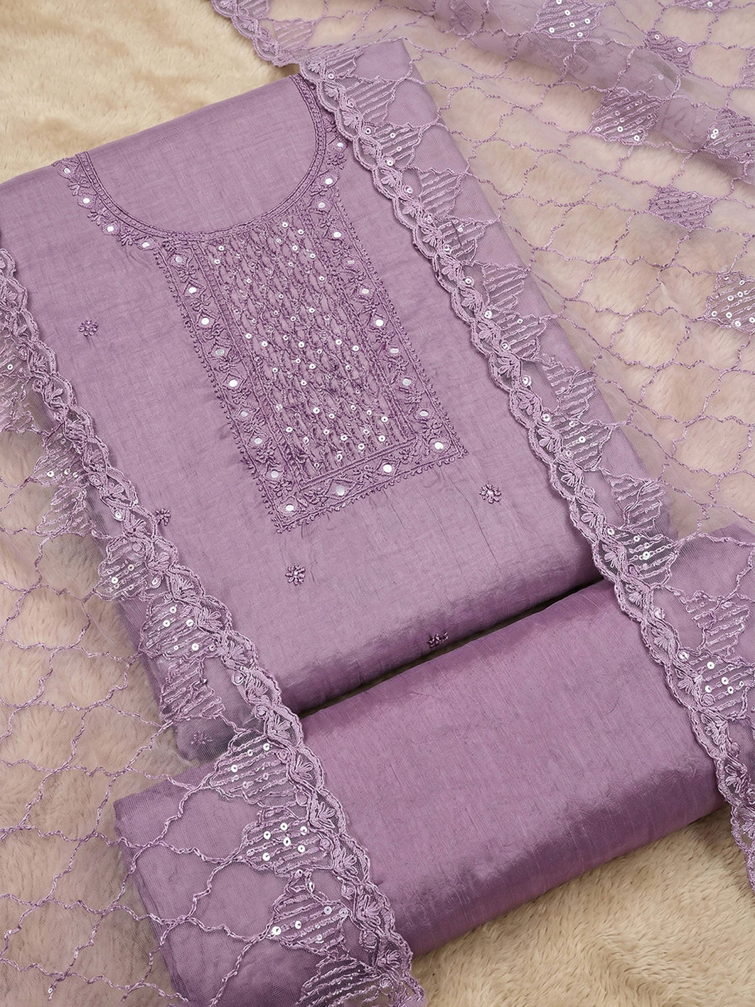 Neck Embroidered Chanderi Unstitched Suit With Dupatta
